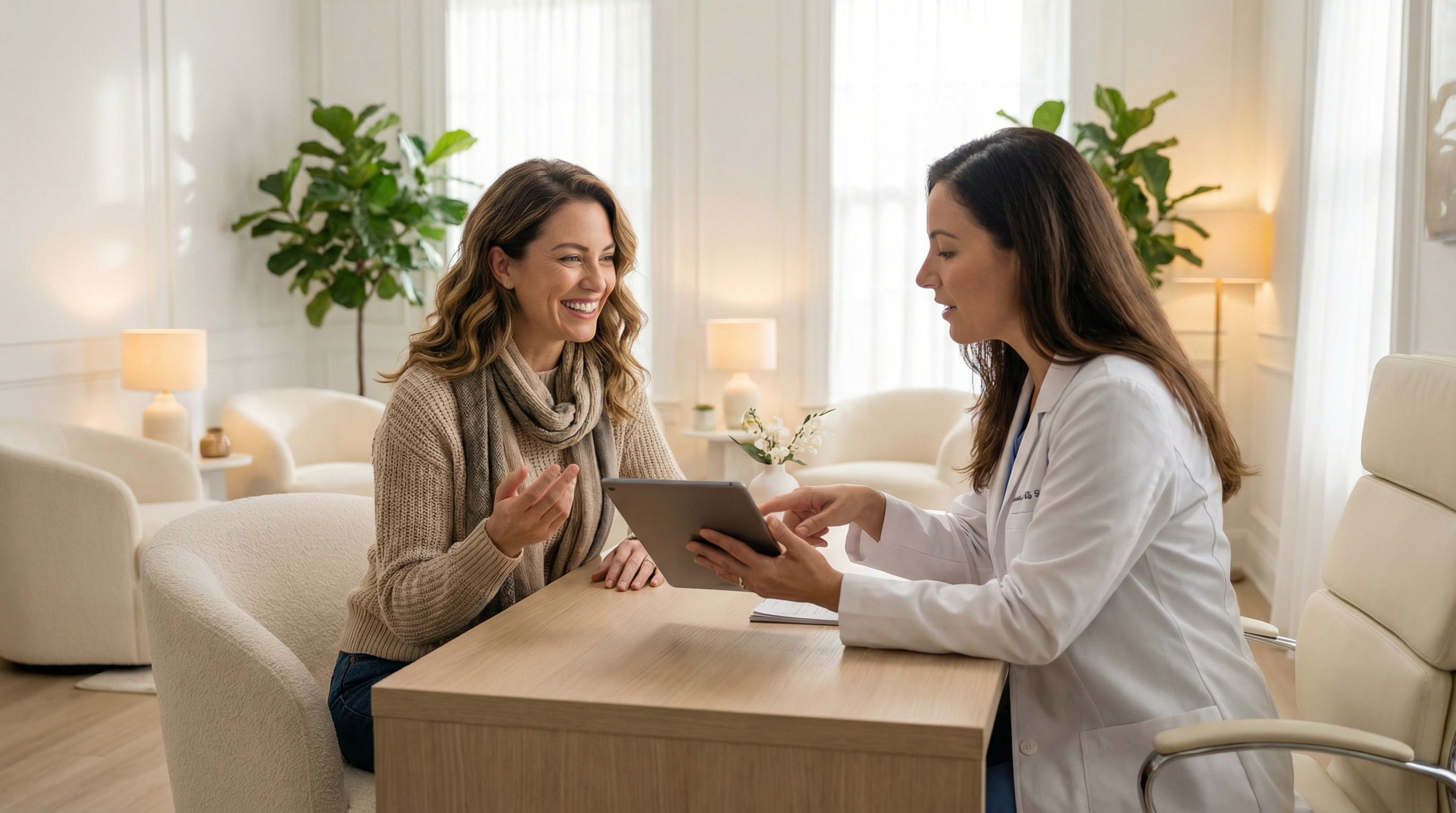 Happy woman at Lavoro Laser consultation — meeting with aesthetic specialist in Walnut Creek, CA